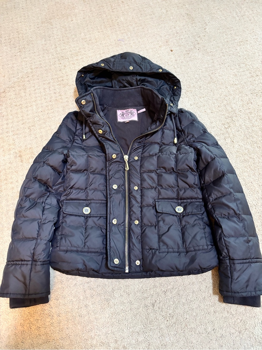 Juicy Couture Black Quilted Hooded Puffer Jacket Size P